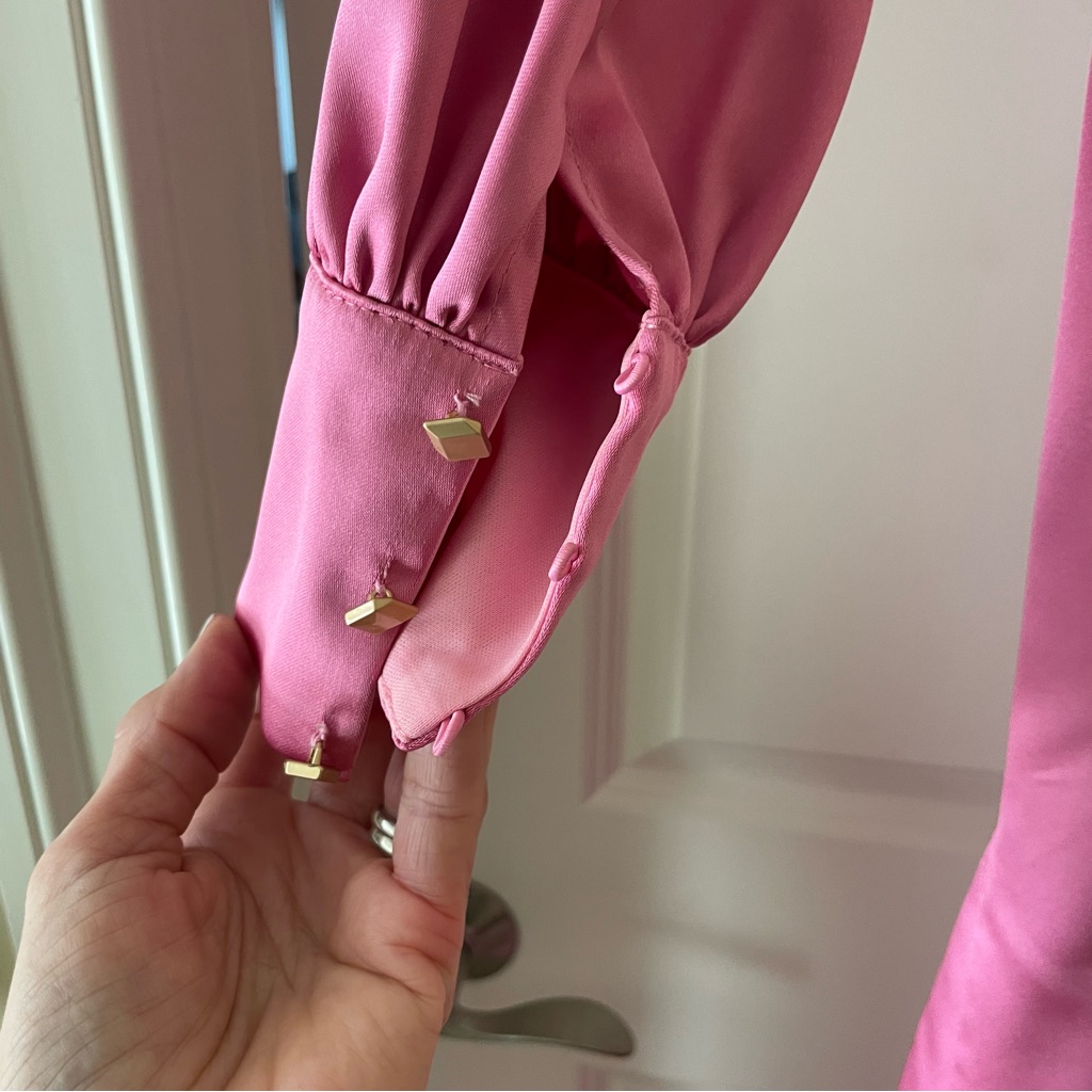 Ieena For Mac Duggal One-Shoulder Bishop-Sleeve Pink Trumpet Gown Size 4 — image 7 of 8